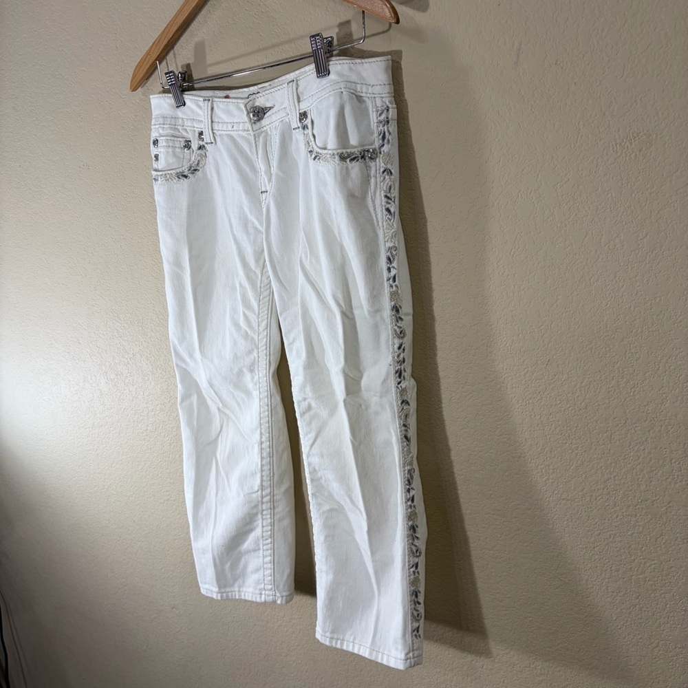 Y2K MISS ME Women's Cuffed Capri White Embellised Embroidered Jeans Sz 28 Grunge - Picture 3 of 14